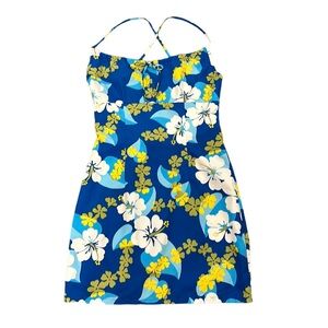 Vintage Y2K Miken Hawaiian Floral Sundress Adjustable Neckline Blue Yellow White